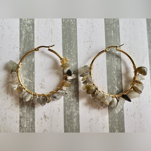 New Natural Labradorite Stone Wire Wrapped Gold Tone Hoop Earrings - 2” - Picture 8 of 9